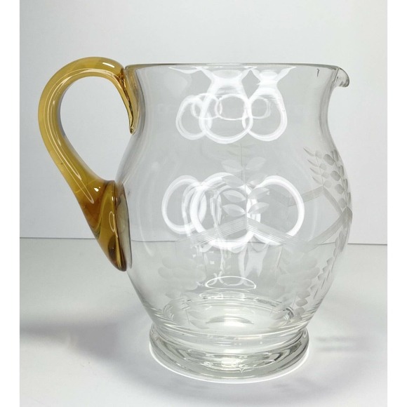 Vintage Etched Amber Glass Handled Pitcher 6 7/8” w/ 5 Matching Glasses 3 3/4” - Picture 6 of 7